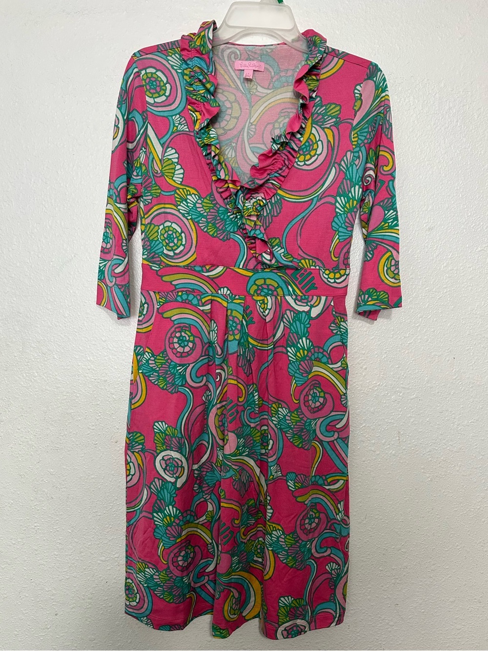 LILLY PULITZER silk/ cotton 3/4 SLEEVE JERSEY KNIT PULLOVER DRESS FLOWER